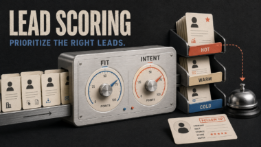 Incoming prospect cards passing through a lead-scoring system and being organized into hot, warm, and cold lead categories.