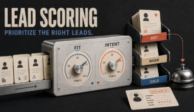 Incoming prospect cards passing through a lead-scoring system and being organized into hot, warm, and cold lead categories.