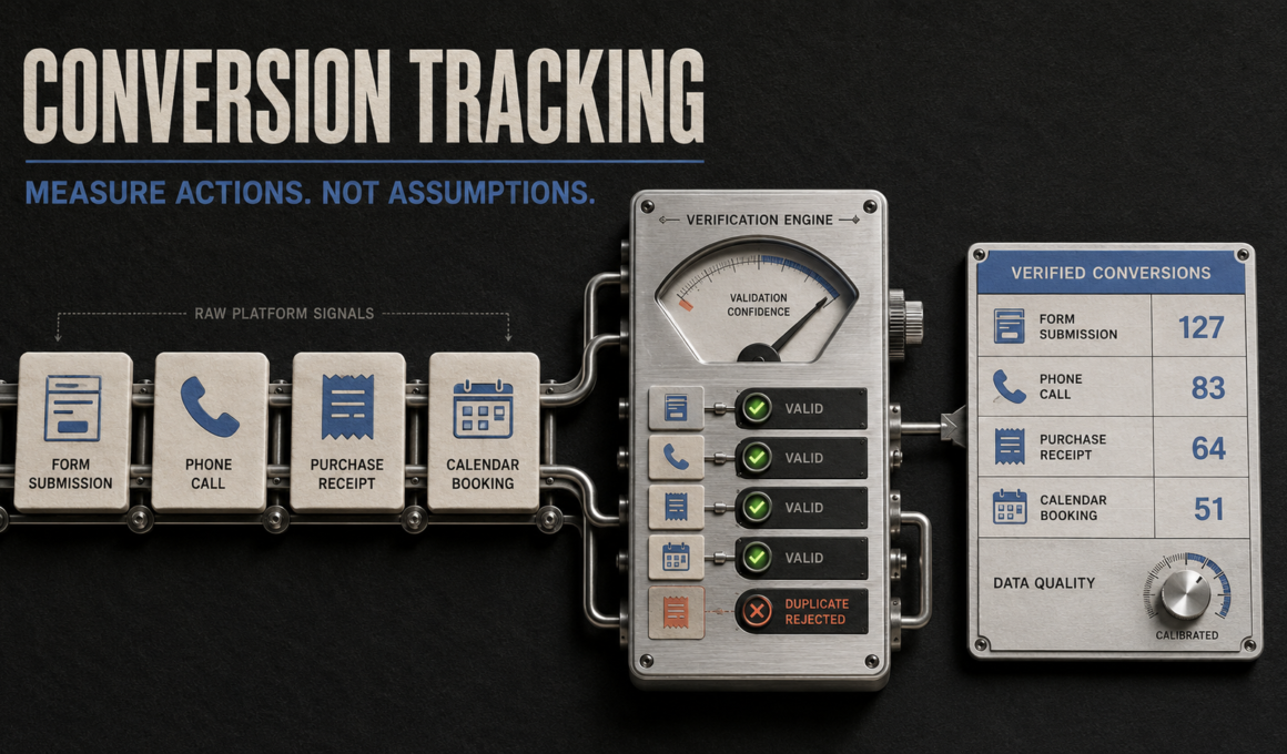 Website actions passing through a conversion verification system and becoming reliable marketing performance data.
